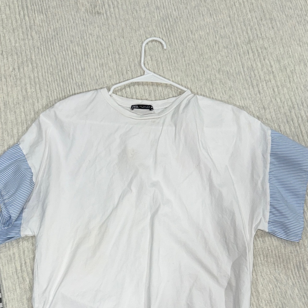 Zara White Tee with Blue Striped Sleeves